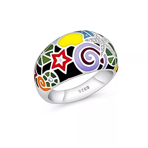 BAJIE Ehering Ring Damen Pure 925 Silber Schmuck Multicolor Emaille Party Cocktail Ring S.