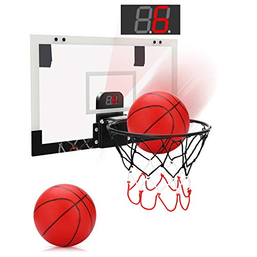 PELLOR Mini Basketballkorb fürs Zimmer Mini Basketball mit elektronischer Bewertungsfunktion und Sound, hängendes Basketballbrett mit 2 Bällen und Pumpe Indoor Outdoor Wurfspiele für Kinder