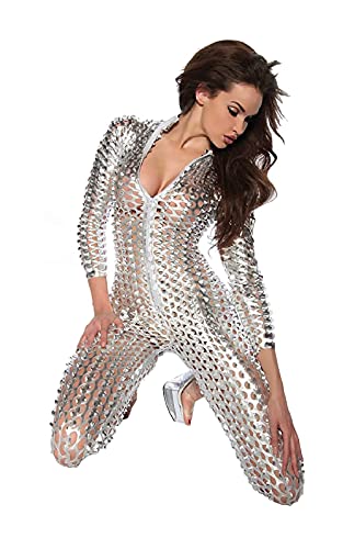 MIMIKRY Sexy Silber Metallic Damen Catsuit mit Loch-Muster Overall Anzug Bodysuit Disco 70er 80er, Größe:M