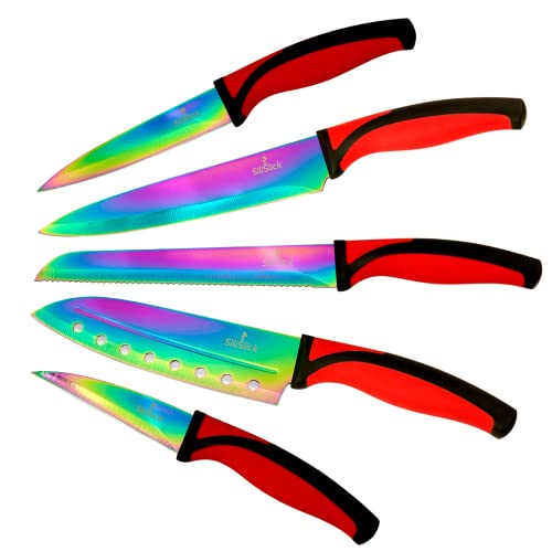 SiliSlick Messerset, 5 Scharfe Küchenmesser als Set zum Kochen, Hochwertige Klingen aus Edelstahl, Titanbeschichtung mit Regenbogeneffekt, Ergonomische Griffe, Roter Griff