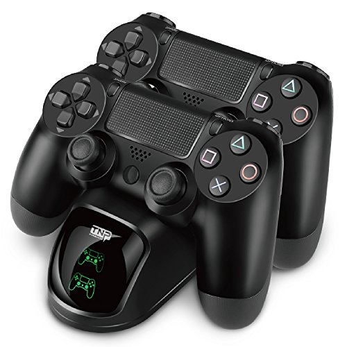 TNP PS4 Controller-Ladestation, PS4 Aufladestation, Ladegerät für Sony-PlayStation-4-Original-DualShock-4-Wireless-Controller, mit USB-Ladekabel und LED Anzeige, Passend für PS4 Pro/Slim, Schwarz