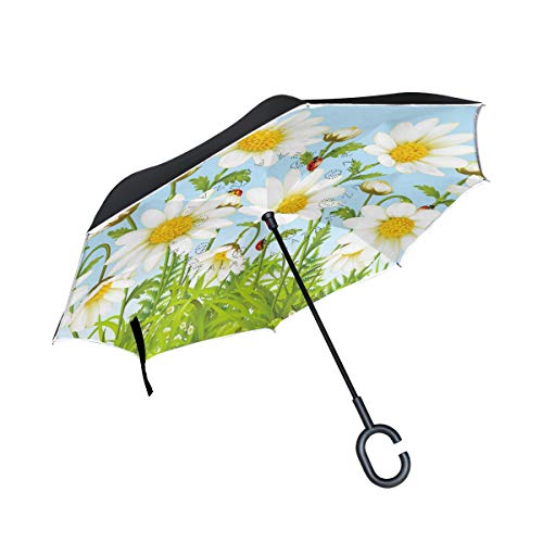 ISAOA Doppellagiger umgekehrter faltbarer Regenschirm, selbststehender und umgekehrter Autoschirm, Marienk?fer im Blumenfeld, winddicht, Regenschirm, mit UV-Schutz