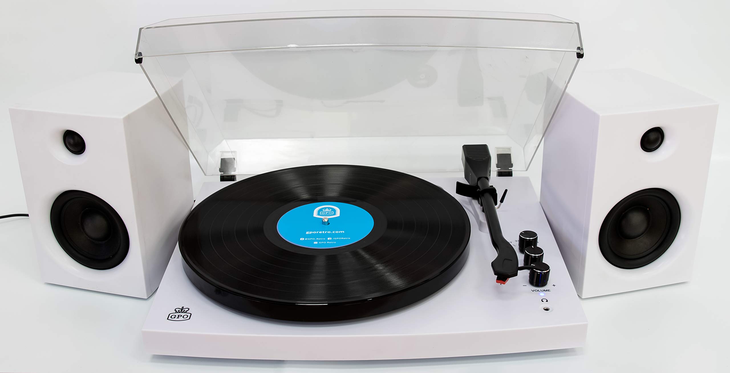 GPO Piccadilly Retro Plattenspieler mit Tonhöhenregelung, Bluetooth und externen Lautsprechern - Weiß