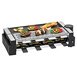 Clatronic RG 3678, 2in1 Raclette-Grill, Naturgrillstein & Wendegussplatte, 180°-Drehgelenk, 8 Pfännchen, auch als 4-Personen-Raclette verwendbar, Antihaftbeschichtung, 1200 Watt, Schwarz