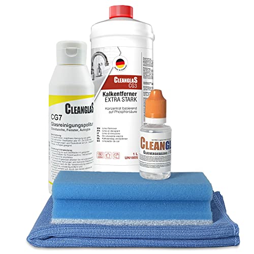 CleanglaS Premium-Reinigungsset Dusche | Made in Germany | Kalkentferner Extra Stark CG3 (1L Konzentrat mischbar bis zu 100L) | Nano-Versiegelung Dusche mit Lotus-Effekt (30ml) | Glasreiniger (1L)
