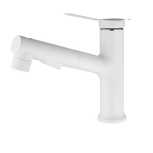 Badezimmer-Waschtischarmatur, ausziehbarer Warm- und Kaltwasser-Mischhahn for Badezimmer, grauer Einhand-Wasserhahn mit 3 Funktionen, Installation auf der Arbeitsplatte (Color : White)
