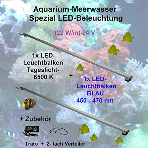 Meerwasser Aquarium - LED-Leuchtbalken 50cm, 2 Leisten, Tageslicht + Blau mit Trafo 60W und Verteiler