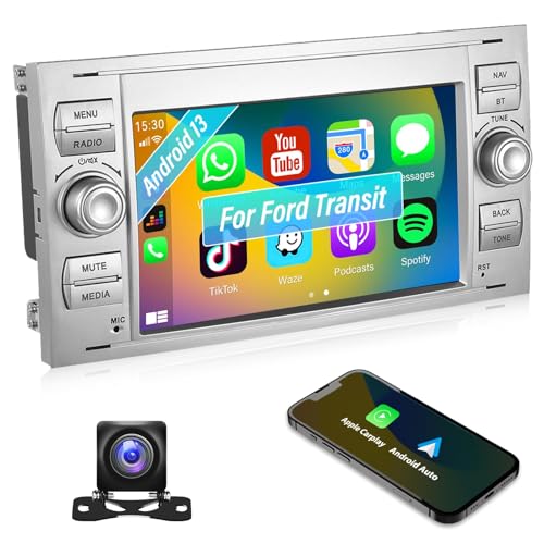 Android Dual Din GPS Autoradio für Ford Transit Fiesta Galaxy Fusion Kuga C-Max S-Max mit Carplay Android Auto, 7 Zoll HD Radio Touchscreen mit Mirrorlink BT WiFi GPS FM/RDS EQ SWC+Rückfahrkamera