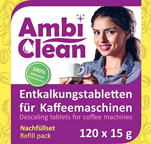 AmbiClean® Nachfüllpack- 120 Entkalker-Tabletten für Kaffeevollautomat, Kaffee-Maschine und Wasserkocher, Kalk-Entferner für alle Geräte-Marken - 120 Tabletten je 15 g