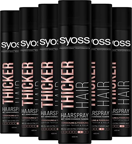 Syoss Haarspray Thicker Hair Haltegrad 4 (6 x 400 ml), extra starkes Styling Spray mit verdickenden Fasern für einen Haarverdichtungs-Effekt, bis zu 48 h Halt ohne zu verkleben