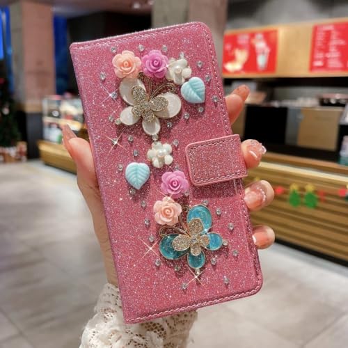 ENILSA Crystal Diamond Rhinestone Wallet Case für iPhone 14 Pro Max 13 12 11 Xr Xs X 7 8 Plus Se 2022 Cards Solt Glitter Cover, Pink, für iPhone 12Pro