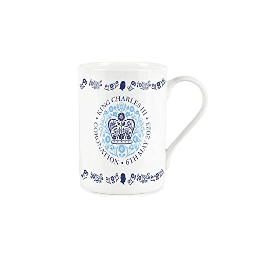 Purely Home King Charles III Coronation 2023 Tasse – feines Knochenporzellan, Weiß & Blau, offizielles Emblem für Kaffee/Tee, Geschenk