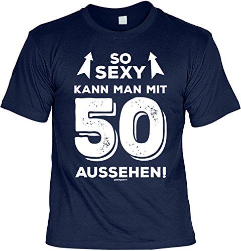 Herren Geburtstag T-Shirt - 50 Jahre - So sexy kann Man mit 50 Aussehen - lustiges Männer Geschenk-Set mit frechem Blechschild - Oldtimer über 50