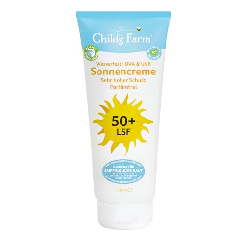 Childs Farm Sonnencreme für Kinder und Babys, sehr hoher Schutz mit LSF 50+, wasserfest, UVA- und UVB-Schutz, 200ml | Für trockene, empfindliche oder auch zu Ekzemen neigende Haut geeignet