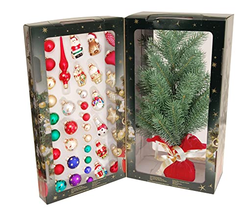 Krebs Glas Lauscha - Mini Weihnachtsbaum 45cm - mit Kugeln , Figuren und Spitze - 50 Teile - inkl. Kugelaufhänger