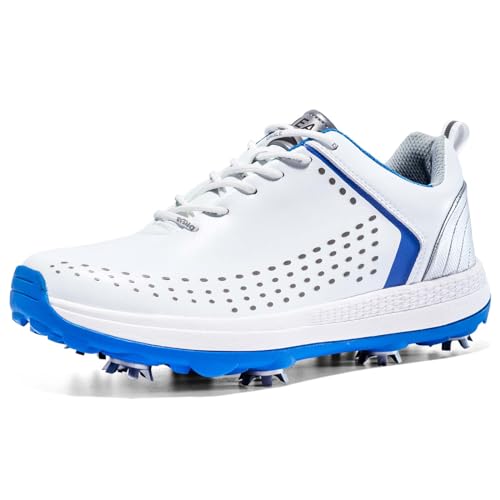 NGARY Herren Golfschuhe mit Spikes Wasserabweisende Golfsport Training rutschfeste Außensohle leichte Golf Schuhe,White b,46 EU
