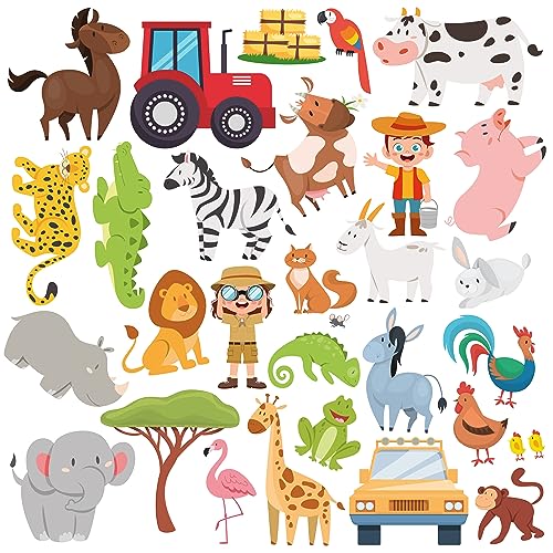 WALPLUS 28 Stück Safari und Bauernhof-Tier-Königreich, dicke Gel-Aufkleber für Fenster, Gel-Aufkleber für Kinder, Kleinkinder und Erwachsene, Zuhause, Klassenzimmer, Partyzubehör, Dekorationen