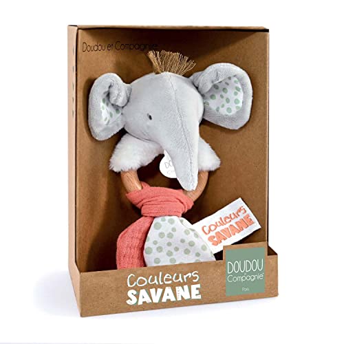 Doudou et Compagnie - Farben Savanne – Rassel Holz Elefant – Grau – 15 cm – Geschenk zur Geburt – DC4077