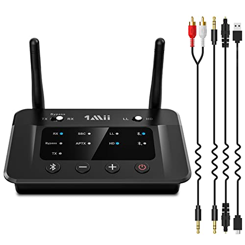 1Mii Große Reichweite Bluetooth 5.0 Sender Empfänger für TV/Heim Stereoanlage Kopfhörer, aptX Bluetooth Audio Adapter mit geringer Latenz, Splitter für Kabel und Drahtlos, Optischer Cinch AUX 3,5 mm