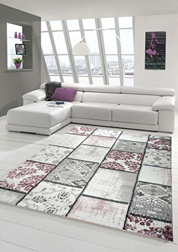 Edler Designer Teppich Moderner Teppich Wohnzimmer Teppich Patchwork Vintage Meliert Karo Muster in Lila Creme Grau Rosa Schwarz Größe 80 x 300 cm