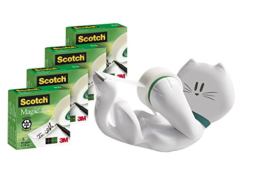 Scotch CATSM4 Handabroller Promotion in Katzenform, inklusiv 4 Rollen Magic Klebeband, 19 mm x 33 m, weiß
