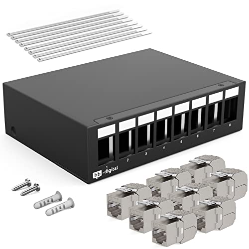 hb-digital SET: 8-Port Patchpanel Gehäuse für Keystone Module + 8x Cat.7 Keystone RJ45 Buchse Jack für Netzwerkinstallation kompatibel mit Verlegekabel LAN Ethernet | SCHWARZ