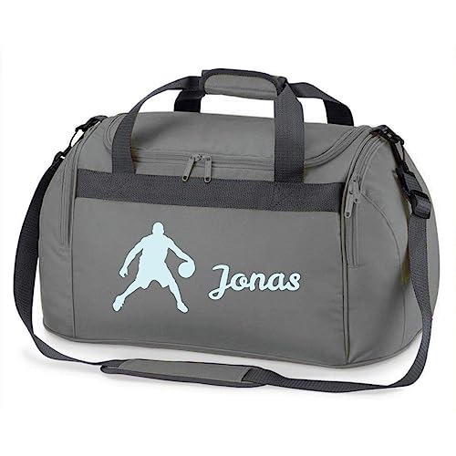 minimutz Sporttasche mit Namen Bedruckt für Kinder | Personalisierbar mit Motiv Basketball Spieler | Reisetasche Duffle Bag für Jungen Mädchen Sport (grau)