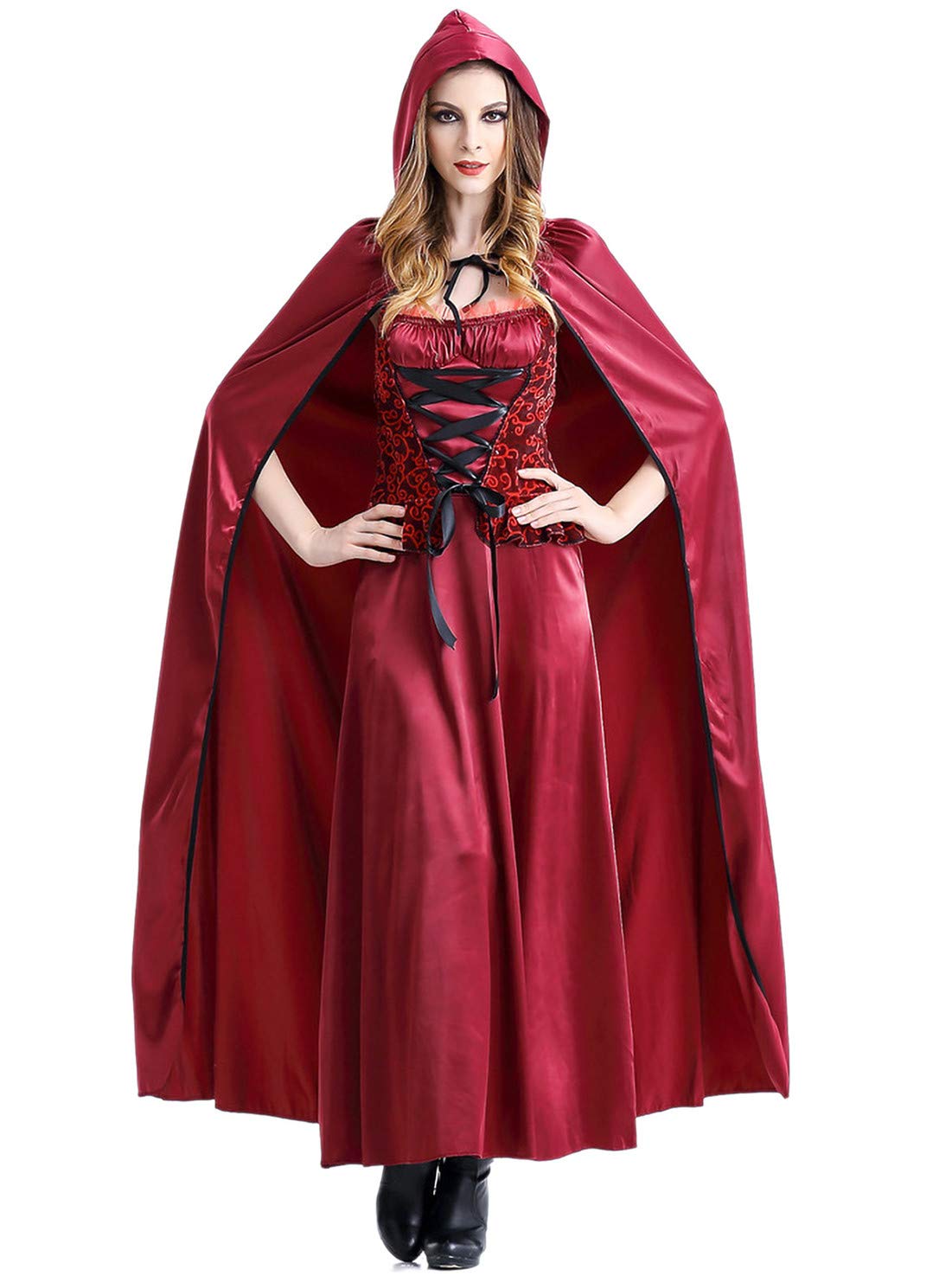 Monissy Damen Sexy Rotkäppchen Kostüm mit Umhang Zombie Ghost Kleid Burgfräulein Mittelalter Kostüm Halloween Weihnachten Performance Kleid Karneval Verkleidung Kostüm Rot M-XL
