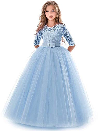 IBTOM CASTLE Blumensmädchenkleid Prinzessin Festliches Kinder Mädchen Kleid Festzug Kleider Hochzeit Partykleid Blau 9-10 Jahre