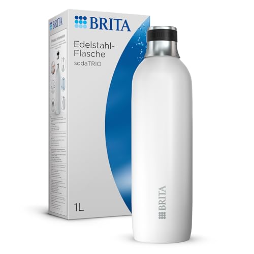 BRITA Edelstahlflasche weiß für sodaTRIO Wassersprudler [1l] – isolierte & doppelwandige Premium Edelstahl Flasche mit stylischem Silikonring am Verschluss für rutschfestes Handling