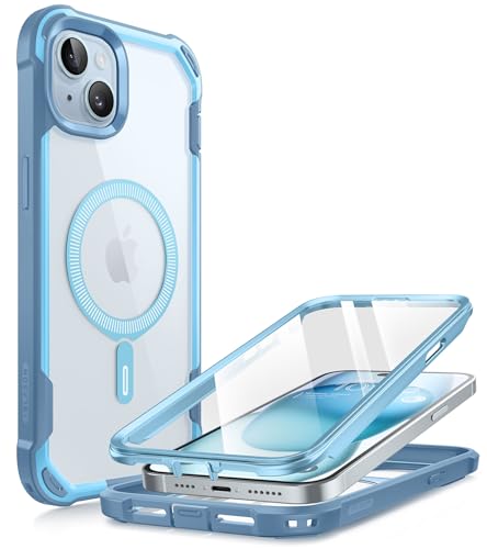 i-Blason Ares Mag Hülle für iPhone 15 / iPhone 14 / iPhone 13 (6.1"), Kompatibel mit MagSafe, Bumper Case Transparent Handyhülle Robust Schutzhülle Cover mit Displayschutz, Blau