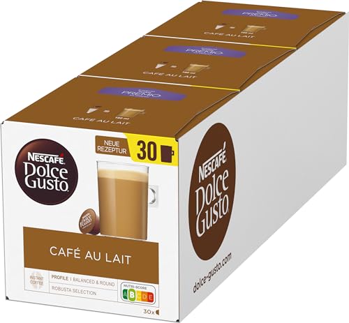 NESCAFÉ Dolce Gusto Café au Lait, XXL-Vorratsbox, 90 Kaffeekapseln, ausgewählte Robusta Bohnen, leichter Kaffeegenuss mit Cremigem Milchschaum, 3er Pack (3x30 Kapseln)