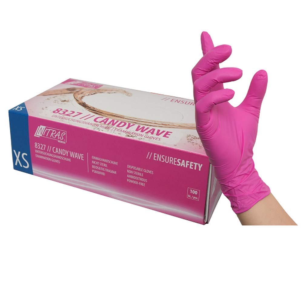 Nitril-Handschuhe 100 Stück in Spender-Box – puderfrei, Nicht steril, beidseitig tragbar - Magenta (M)