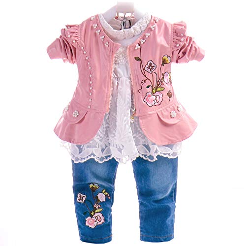 6M-4T Baby- und Kleinkindmädchen 3-teiliges Kleidungsset Langarm-T-Shirt Lederjacke und Jeans (2-3J, Rosa-Blume)