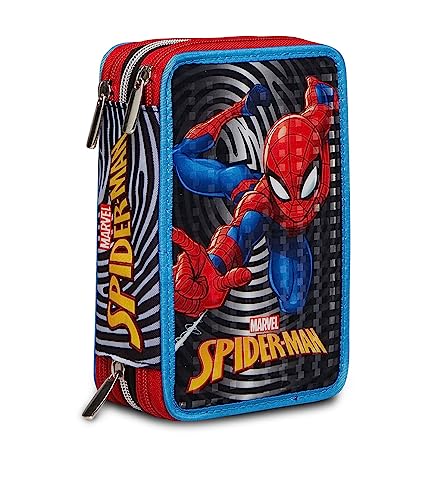 Federmäppchen für Schule, 3 Reißverschluss, Spider-Man The Greatest Heroe, Mehrfarbig, komplett mit Bleistiften, Stiften usw, Stifthalter für Schule für Kinder, Mehrfarbig, Taglia Unica, Schule