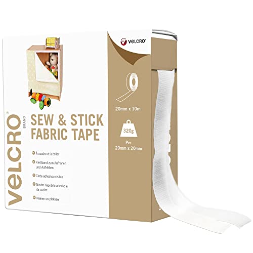 Velcro VEL-EC60261 Brand Klettband zum Aufnähen und Aufkleben 20mm x 10m Rolle-Weiss
