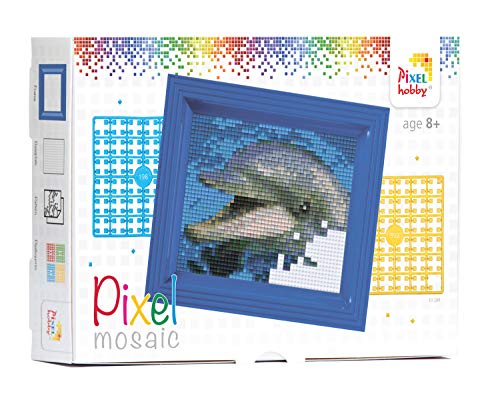 Pixel P31001 Mosaik Geschenkverpackung Delfin, Pixelbild mit Rahmen, kinderleichtes Stecksystem, ohne Bügeln und Kleben, Steinchen aus Biokunststoff