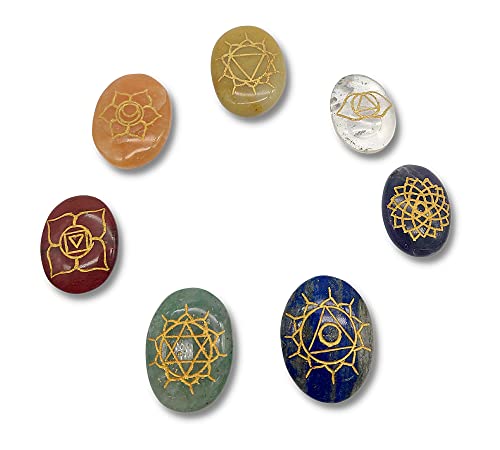 DOJA Barcelona | Chakra Edelsteine Heilsteine Set | Energie Mineralien Steine ​​der 7 Chakren Runensteine: Roter Jaspis/Karneol/Gelber Calcit/Grüner Quarz/Lapislazuli/Bergkristall/Amethyst