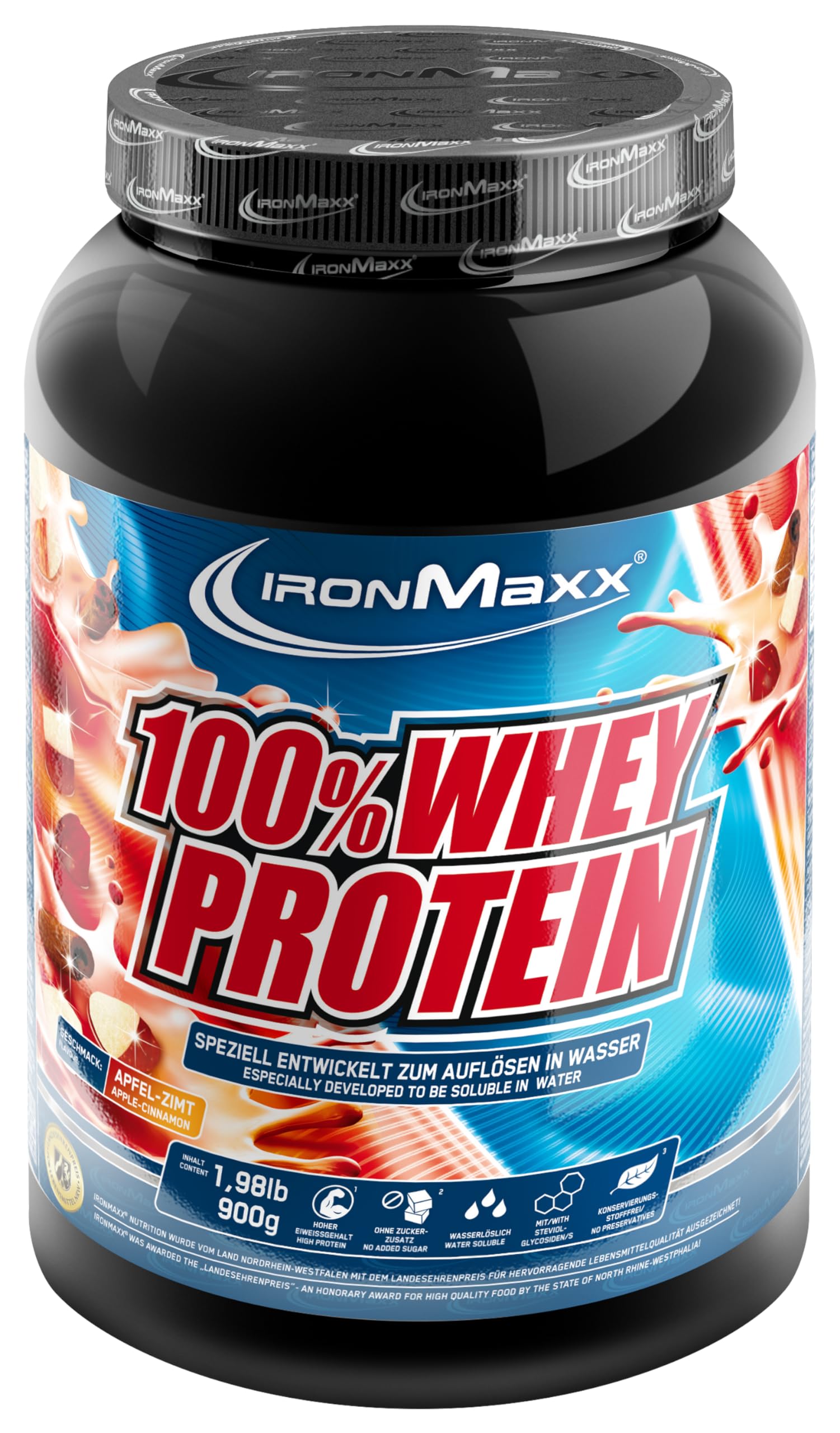IronMaxx 100% Whey Protein Pulver - Apfel Zimt 900g Dose | zuckerreduziertes, wasserlösliches Eiweißpulver aus Molkenprotein | viele verschiedene Geschmacksrichtungen