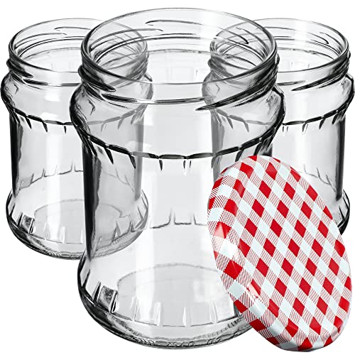 KADAX Einmachglas 500 ml, Aufbewahrungsgläser mit Schraubdeckel, Einkochgläser, Sturzglas, Marmeladenglas, Vorratsglas, Konservenglas, Rundgläser (Rot kariert / 48 Stück)
