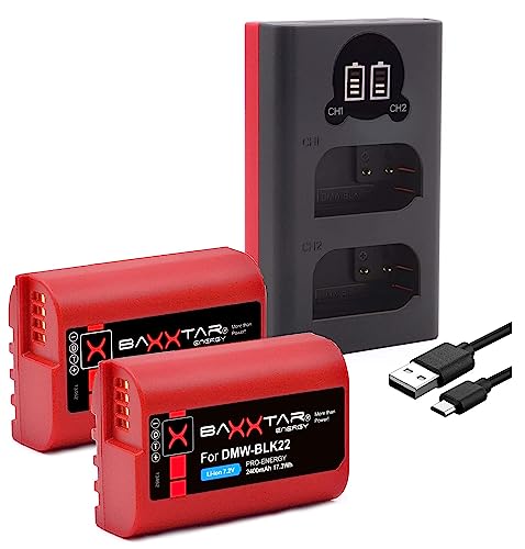 Baxxtar Pro (2X) Ersatz für Akku Panasonic DMW BLK22 E (2250mAh) mit Mini LCD DUAL Ladegerät (USB-C/MicroUSB) kompatibel mit DC-S5 DC-S5K G9 GH5 GH5S