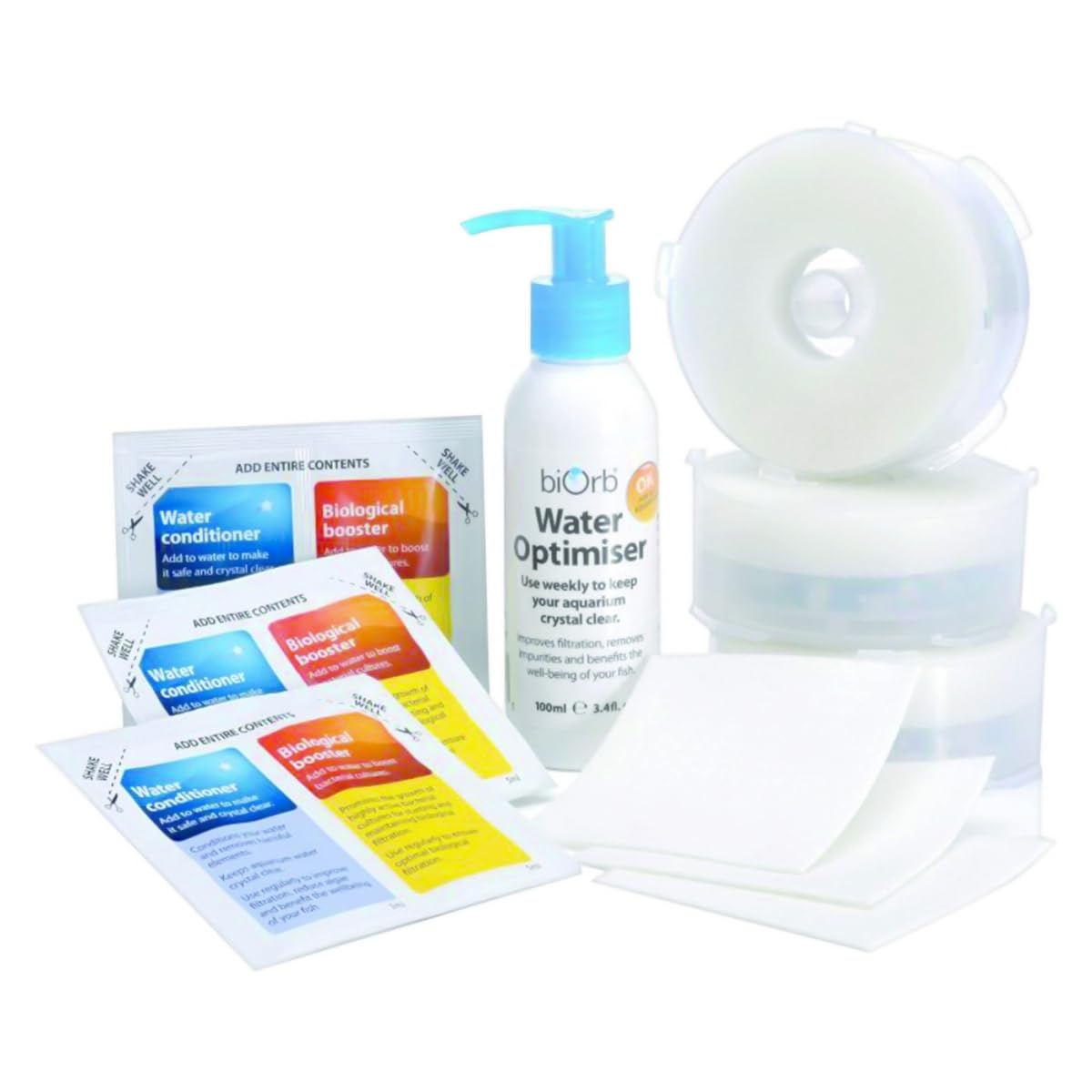 Oase Service Kit 3 mit Wasseroptimierer - 10-teiliges Reinigungs-Set, Ersatz-Filterpatronen, chemische Filtermedien, Schwamm, Reinigungstuch und Wasser-Aufbereiter, für alle biOrb Aquarien