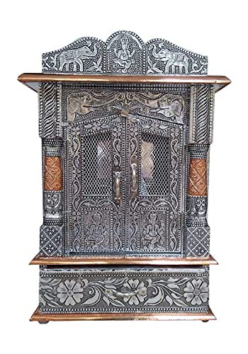 KRISHA KRAFTS Pooja Mandir für Zuhause/Kreationen aus oxidiertem Holz, Wandmontage, Ständer, Heimdekoration, schöner Tempel für Zuhause