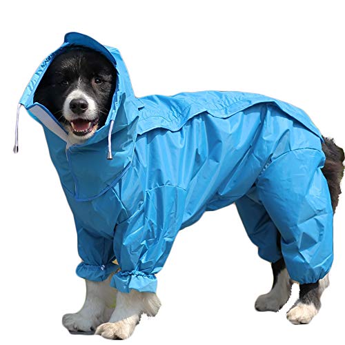 TFENG Hunde Regenmantel mit abnehmbarem Hoodie, Verstellbarer Outdoor-Tunnelzug Hundemantel, wasserdichte Hundejacke Regenjacke mit Kapuze und Kragenloch, 10 Größen (Blau)