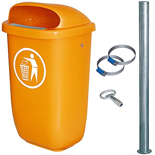 Abfall-Behälter für den Außenbereich, Inhalt 50 Liter, nach DIN 30713, im Komplettset mit verzinktem Rohrpfosten