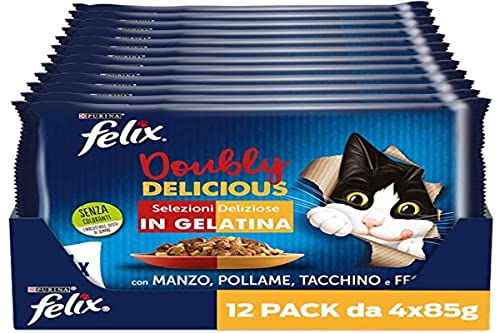 Purina Felix Le Ghiottonerie Doubly Delicious Nahrungsmittel für Katzen mit Rind und Geflügel, Tasche und Leber, 48 Beutel à 85 g