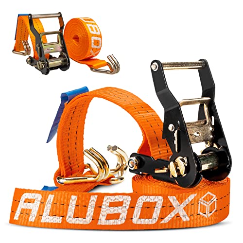 Alubox Spanngurt mit Ratsche und J-Haken 38mm breit orange Belastbarkeit 1000kg Ratschengurt TÜV G/S geprüft - Länge 9m - 2 Stück