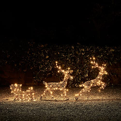 Lights4fun 240er Studley LED Rattan Rentier Figur mit Schlitten Timer Weihnachtsbeleuchtung für außen und innen Weihnachtsfigur