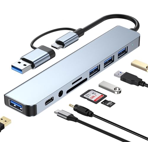 vienon USB-C-Hub 3.0, Aluminium-USB-Splitter mit 1 x USB 3.0, 3 x USB 2.0 und 1 x USB C, SD/TF-Kartenleser, 3,5 mm AUX-Anschlüsse für MacBook Pro Air und weitere PC/Laptop/Tablet-Geräte