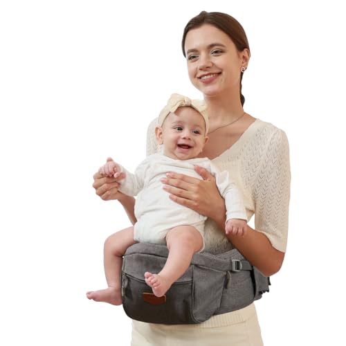 Baby Hüftsitz Ergonomische, SUNVENO Baby Hüftsitzträger, Babytrage Dekompression mit Verstellbarem Gurt und Tasche, Baby Hüfthocker Praktische Baby Vordertrage für 0-20 kg Baby, Grau